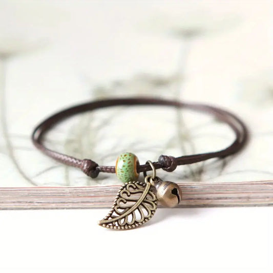Antique Bronze Leaf w/ Ceramic Bead Bracelet/Anklet