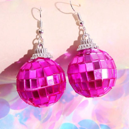 hot pink mirror disco ball earrings handmade