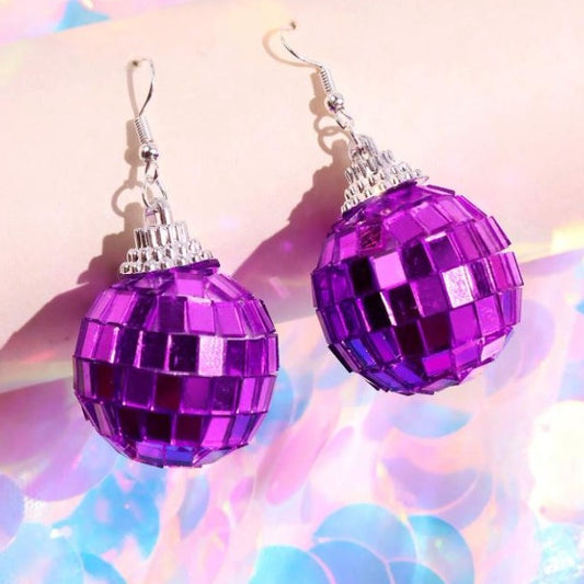 purple handmade mirror disco ball earrings