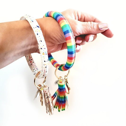condetti or rainbow print vegan leather bangle wristlet keychain for women