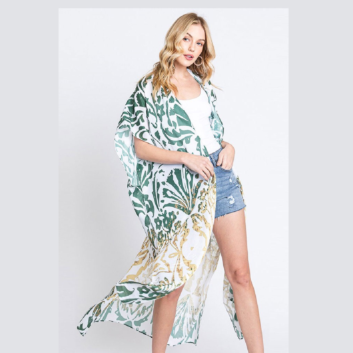 Damask Print Long Kimono