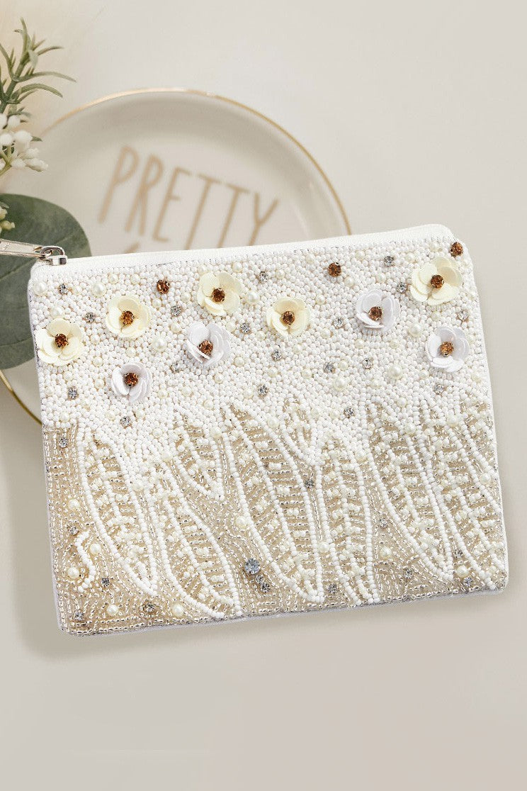 Shell and Pearl Beaded Zippered Pouch