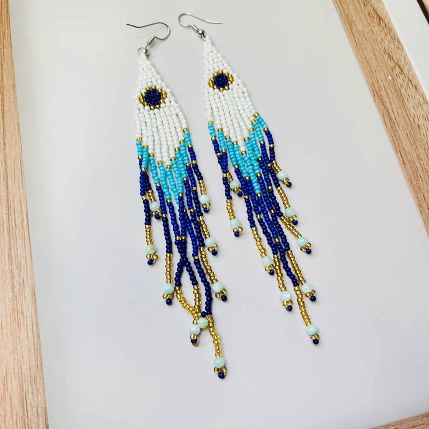 Blue Bohemian Flare Seed Bead Earrings