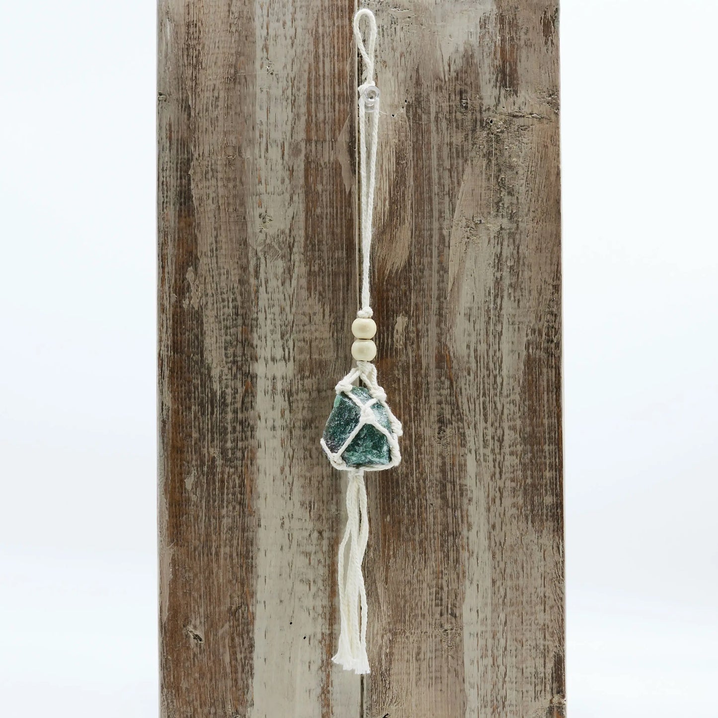 green aventurine car charm with macrame details